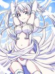  breasts bridal_gauntlets commentary_request dress falling_feathers feathers flower gloves grey_eyes groin hair_flower hair_ornament long_hair looking_at_viewer medium_breasts mitou_shoukan://blood_sign navel shiroki_jo'ou silver_hair smile solo thighhighs twintails white_gloves yakutashi 