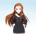  black_hairband brown_hair hairband hands_on_hips idolmaster idolmaster_(classic) kiu_(dear_deer) long_hair looking_at_viewer minase_iori red_eyes smile solo 