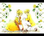  1girl aku_no_meshitsukai_(vocaloid) aku_no_musume_(vocaloid) allen_avadonia blonde_hair bloom bow brother_and_sister brown_footwear buttons choker closed_eyes crying dress earrings evillious_nendaiki flower frilled_dress frills glowing hair_bow hair_ornament hair_ribbon hairclip hand_on_own_cheek highres holding_hand jacket jewelry kagamine_len kagamine_rin kneeling leaf long_sleeves neo_kabocha orange_ribbon plant ponytail reflection ribbon riliane_lucifen_d'autriche rose shoes shorts siblings smile sparkle tears twins updo vines vocaloid white_legwear yellow_dress yellow_flower yellow_jacket 