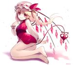  ainy77 ass bad_id bad_pixiv_id bare_legs barefoot blonde_hair dress flandre_scarlet hat hat_ribbon laevatein laevatein_(tail) long_hair long_sleeves microdress mob_cap panties puffy_long_sleeves puffy_sleeves red_dress red_eyes ribbon side_ponytail solo tail touhou underwear 
