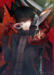  2015 amamiya_ren arsene_(persona_5) artist_name black_hair brown_eyes gloves hair_between_eyes holding holding_mask kuromai looking_at_viewer male_focus mask outstretched_arm persona persona_5 red_gloves smile 