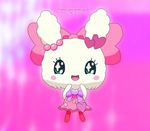  &lt;3 blush bow bow_tie clothing cute dress female green_eyes happy legwear looking_at_viewer lovelitchi open_mouth pink_background simple_background stockings tamagotchi text translated 