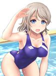  arm_up blue_eyes blue_swimsuit blush breasts brown_hair competition_swimsuit covered_navel highres inanaki_shiki looking_at_viewer love_live! love_live!_sunshine!! medium_breasts one-piece_swimsuit open_mouth pool salute short_hair smile solo swimsuit watanabe_you water wet 