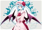  adapted_costume ascot bat_wings blue_hair bow brooch collared_dress crossed_arms dress flandre_scarlet frilled_sleeves frills hair_between_eyes hat hat_bow hat_ribbon hong_meiling izayoi_sakuya jewelry koakuma large_wings light_smile looking_at_viewer low_wings mob_cap patchouli_knowledge pink_dress red_eyes red_string remilia_scarlet ribbon sakuraba_yuuki scarlet_devil_mansion short_hair silhouette solo string touhou upper_body vampire wings 