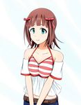  amami_haruka aqua_eyes belt breasts brown_hair cleavage collarbone hair_ribbon idolmaster idolmaster_(classic) kiu_(dear_deer) looking_at_viewer medium_breasts red_ribbon ribbon short_hair smile solo 