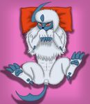  2016 absol absurd_res ambiguous_gender blue_claws blue_pawpads blue_skin butt claws featureless_crotch feral fur gamemaniac grey_fur hi_res looking_at_viewer lying nintendo nude on_back pawpads pillow pink_background pok&eacute;mon purple_background red_eyes shadow simple_background solo toe_claws tuft video_games white_fur 