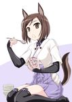  animal_ears black_legwear bowl brown_eyes brown_hair dog_ears dog_tail eating hakama_skirt highres holding holding_bowl holding_spoon japanese_clothes kuroda_kunika military military_uniform noble_witches open_mouth seiza short_hair sitting solo spoon tail thighhighs uniform wan'yan_aguda world_witches_series 