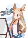  brown_eyes brown_hair cosplay exposed_pocket flat_chest gen_1_pokemon hair_ornament hands_on_hips long_hair magnemite mikan_(pokemon) no_hat no_headwear non-web_source pink_(4chan) pokemon pokemon_(creature) shirt shorts solo standing t-shirt touko_(pokemon) touko_(pokemon)_(cosplay) two_side_up wristband 