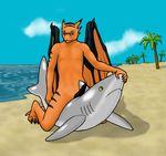  brokensoul dragon duo erection fish inflatable looking_at_viewer male marine penis pool_toy reptile riding sat_on scalie shark sitting stompychar wings 