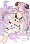  alternate_costume bare_arms bare_legs bikini breasts cleavage closed_eyes demon_horns draph front-tie_bikini front-tie_top gen_(gen_7254) granblue_fantasy hair_ornament hair_over_one_eye hand_on_own_stomach highres horns large_breasts lavender_hair long_hair low_twintails narmaya_(granblue_fantasy) navel parted_lips pointy_ears solo swimsuit thigh_strap thighs twintails white_bikini 