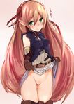  arisa_(shadowverse) belt blonde_hair blush boots elbow_gloves gloves green_eyes hair_ribbon heart highres long_hair muoto no_panties pointy_ears pussy ribbon shadowverse skirt skirt_lift smile solo standing thigh_boots thighhighs very_long_hair 