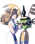  brown_eyes brown_hair dress earrings eye_contact gen_5_pokemon jewelry long_hair looking_at_another lyra_(4chan) mii_snowdon non-web_source pokemon pokemon_(anime) pokemon_(classic_anime) pokemon_(creature) pokemon_m03 sigilyph smile standing white_background white_dress 