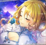  blonde_hair breasts cleavage cleavage_cutout closed_eyes earrings excalibur_(phantom_of_the_kill) eyebrows eyebrows_visible_through_hair field frilled_gloves frills game_cg gloves jewelry long_eyelashes medium_breasts mountain official_art phantom_of_the_kill scenery sky sleeping smile solo sparkle star star_(sky) starry_sky wavy_hair 
