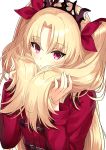  1girl alternate_costume bangs blonde_hair casual coat commentary_request duffel_coat ereshkigal_(fate/grand_order) fate/grand_order fate_(series) hair_ribbon holding holding_hair long_hair miruto_netsuki parted_bangs red_coat red_eyes ribbon simple_background smile solo tiara two_side_up upper_body white_background 