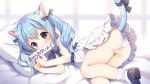  1girl animal_ear_fluff animal_ears ass bangs bare_arms bare_shoulders bed_sheet black_bow blue_hair blush bobby_socks bow brown_footwear cat_ears cat_girl cat_tail covered_mouth dress eyebrows_visible_through_hair hair_between_eyes hands_up holding holding_sign long_hair looking_at_viewer lying mauve on_side original panties pillow purple_eyes shoe_soles shoes sign sleeveless sleeveless_dress socks solo tail tail_raised translation_request twintails underwear white_dress white_legwear white_panties 