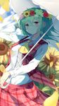  ascot bangs blue_sky blurry blurry_background blush breasts cloud collared_shirt cowboy_shot day flower flower_wreath garden_of_the_sun green_hair hair_between_eyes hand_in_hair head_wreath highres holding holding_umbrella igakusei kazami_yuuka light long_sleeves looking_at_viewer medium_breasts open_clothes open_vest parasol petals plaid plaid_skirt plaid_vest red_eyes red_skirt red_vest reflective_eyes shiny shiny_hair shirt short_hair skirt skirt_set sky slit_pupils smile solo sunflower touhou umbrella vest wind wreath 