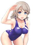  absurdres arm_up blue_eyes blue_swimsuit blush breasts brown_hair competition_swimsuit covered_navel highres inanaki_shiki looking_at_viewer love_live! love_live!_sunshine!! medium_breasts one-piece_swimsuit open_mouth salute short_hair simple_background smile solo swimsuit watanabe_you water wet white_background 