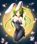  alternate_breast_size alternate_costume animal_ears bare_arms bare_shoulders black_legwear breasts bunny_ears bunny_tail bunnysuit cleavage collarbone crescent crescent_cutout crescent_hair_ornament eyebrows eyebrows_visible_through_hair full_moon green_eyes green_hair hair_ornament hands_up high_heels highres kantai_collection large_breasts leaf long_hair looking_at_viewer maple_leaf moon nagatsuki_(kantai_collection) osashin_(osada) pantyhose parted_lips sky solo star_(sky) starry_sky tail yellow_moon 