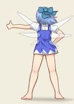  ass barefoot blue_dress blue_hair brown_background cirno dress from_behind full_body hair_ribbon hand_on_hip ice ice_wings iromeki_overdrive kneepits microdress outstretched_arm puffy_short_sleeves puffy_sleeves ribbon shirt short_dress short_hair short_sleeves simple_background sleeveless sleeveless_dress solo thumbs_up touhou white_shirt wind wings 