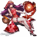  bracelet cauldron china_dress chinese_clothes chronos_gate danann dress earrings fireball gloves high_heels jewelry lips long_hair looking_at_viewer magic purple_eyes purple_hair side_slit simple_background smile thighhighs white_background wide_hips 