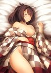  ahoge akizuki_(kantai_collection) bangs black_hair blush breasts checkered checkered_kimono cleavage closed_eyes collarbone commentary_request facing_viewer groin hair_ornament hairband hand_on_own_stomach headgear highres japanese_clothes kantai_collection kimono large_breasts long_hair lying no_bra no_panties off_shoulder on_back on_bed open_mouth ponytail sleeping solo thighs tobimura yukata 