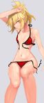  bikini bikini_bottom bikini_top blonde_hair blue_background fate/apocrypha fate/grand_order fate_(series) front-tie_bikini front-tie_top green_eyes grin i-pan mordred_(fate)_(all) mordred_(swimsuit_rider)_(fate) navel ponytail red_bikini side-tie_bikini simple_background smile solo swimsuit untied untied_bikini 