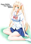  2016 absurdres blonde_hair blush breasts hayama_umi highres kono_aozora_ni_yakusoku_wo long_hair medium_breasts narukami_ginryuu pleated_skirt school_uniform sitting skirt solo white_legwear 