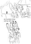  2016 anthro canine dialogue disney duo english_text female fox fur gun hug jack_savage judy_hopps lagomorph male mammal monochrome nick_wilde pregnant rabbit ranged_weapon simple_background skye_(zootopia) text tggeko weapon white_background zootopia 