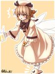  1girl alcohol beer beer_mug black_bow black_neckwear black_ribbon blush bow bowtie brown_hair commentary_request cup dress drill_hair fairy_wings food frilled_sleeves frills hat hat_ribbon holding holding_cup long_sleeves luna_child meatball mob_cap open_mouth pokio ribbon short_hair slippers solo sweat touhou tripping twitter_username white_dress wide_sleeves wings yellow_eyes 