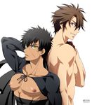  arm_up back-to-back black_hair brown_eyes brown_hair doudanuki_masakuni male_focus multiple_boys nagatekkou nipples otegine pectorals scar shirtless simple_background touken_ranbu upper_body wauwa white_background yellow_eyes 