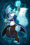  anthro axe canine clothed clothing female fox lovelesskiax magic mammal melee_weapon smile solo thick_thighs weapon 