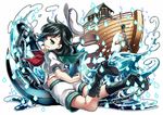  absurdres anchor black_hair boat boots chain commentary_request cross-laced_footwear danmaku full_body green_eyes hat highres hishaku lace-up_boots ladle looking_at_viewer looking_back murasa_minamitsu palanquin_ship puffy_sleeves sailor_collar sailor_hat shirt short_hair short_sleeves shorts smile socha solo touhou water watercraft white_background 