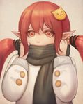  bad_id bad_pixiv_id cat_hair_ornament coat covering_mouth dungeon_and_fighter grey_background hair_bobbles hair_ornament looking_at_viewer low_twintails mage_(dungeon_and_fighter) pointy_ears red_eyes red_hair scarf short_hair sidelocks simple_background solo twintails upper_body winter_clothes winter_coat yeond_(yeon04) 