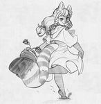  anthro basket braided_hair clothing cosplay dress female hair higgyy hood little_red_riding_hood little_red_riding_hood_(copyright) lokkun long_hair looking_back mammal monochrome one_eye_closed ponytail red_panda skipping smile solo striped_tail stripes traditional_media_(artwork) wink 