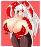 1girl ayazumi_flutter bare_shoulders breasts bunny_ears bunny_girl bunnysuit cleavage elbow_gloves female gigantic_breasts gloves hair_ornament kantai_collection kikuzuki_(kantai_collection) leotard long_hair pantyhose plump red red_eyes red_gloves silver_hair simple_background solo standing thick_thighs 