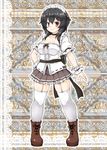  ankle_boots black_hair blush boots breasts choker cleavage cross-laced_footwear frilled_skirt frills full_body garter_straps hand_on_hip highres himeka_(estacion) huyusilver lace-up_boots looking_at_viewer maid_headdress medium_breasts miniskirt mrs._estacion red_eyes sash skirt smile solo thighhighs wrist_cuffs 