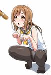  baguette bangs black_legwear blush bread brown_eyes brown_hair food kunikida_hanamaru long_hair love_live! love_live!_sunshine!! neckerchief no_pants no_shoes open_mouth out_of_frame panties panties_under_pantyhose pantyhose paw_pose pet_play school_uniform serafuku sexually_suggestive simple_background sleeveless solo_focus squatting tie_clip underwear uranohoshi_school_uniform white_background yopparai_oni 