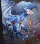 anthro bow city digitigrade dragon male multi_arm multi_limb raining rin-u rooftop rotarr solo wings 