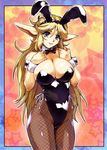  animal_ears blonde_hair blue_eyes breast_squeeze breasts bunny_ears bunnysuit cameltoe cleavage highres hisahiko large_breasts long_hair pointy_ears solo star very_long_hair 