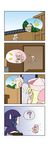  &gt;_&lt; 4koma ? absurdres blonde_hair closed_eyes comic doorway fairy fairy_wings gradient gradient_background hands_on_own_face highres hood kumoi_ichirin laundry laundry_basket lily_white long_hair mountain multiple_girls purple_hair rakugaki-biyori shouting sidelocks silent_comic solid_oval_eyes spoken_object spoken_person spoken_question_mark sweatdrop table touhou wall washboard wings 