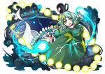  absurdres commentary_request danmaku dress ghost_tail green_dress green_eyes green_hair hat highres lightning long_sleeves looking_at_viewer open_mouth outstretched_arms short_hair socha soga_no_tojiko solo tate_eboshi touhou 
