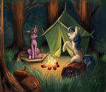  2016 blue_eyes blue_hair camping dalagar detailed_background equine feral fire forest friendship_is_magic fur grass hair hooves horn log mammal my_little_pony night nude outside purple_eyes purple_fur red_eyes sitting tan_fur tree twilight_sparkle_(mlp) unicorn wood 