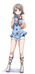  arm_wrap blue_eyes blush cellphone full_body grey_hair highres leg_wrap love_live! love_live!_school_idol_festival love_live!_sunshine!! phone sandals short_hair shorts smartphone solo standing watanabe_you yopparai_oni 