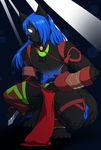  anthro blue_hair canine clothing crouching dagger hair loincloth long_hair lovelesskiax male mammal melee_weapon no_pupils solo weapon 