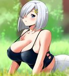  alternate_breast_size alternate_costume bad_id bad_pixiv_id bare_shoulders blue_eyes blush breasts casual cleavage collarbone covered_nipples day derivative_work grass gym_uniform hair_ornament hair_over_one_eye hairclip hamakaze_(kantai_collection) kantai_collection large_breasts looking_at_viewer no_bra outdoors perepere-kun photo-referenced plant short_hair solo white_hair 