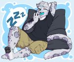  anthro clothed clothing fangs feline leopard lovelesskiax male mammal open_mouth pillow solo teeth yawn 