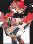  anabone bow cape commentary_request covered_mouth hat hat_ribbon highres long_sleeves open_mouth protected_link red_eyes ribbon sekibanki shirt short_hair skirt smoke solo touhou 