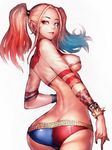  ass belt blonde_hair blue_eyes blue_hair bracelet breasts butt_crack covered_nipples dc_comics forehead fumio_(rsqkr) harley_quinn heterochromia jewelry light_smile lipstick long_hair looking_at_viewer looking_back makeup medium_breasts multicolored_hair red_eyes red_hair simple_background solo spiked_bracelet spikes studded_belt suicide_squad twintails underboob 