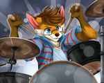  5_fingers anthro blue_eyes brown_fur brown_hair brown_nose canine cheek_tuft clothed clothing countershading drum elbow_tufts eyebrows fox front_view fully_clothed fur hair half-length_portrait holding_object hoodie male mammal multicolored_fur musical_instrument orange_fur playing_drums pocketfox_(damienvulpes) portrait shirt short_hair solo striped_topwear teeth thatwildmary tuft white_fur 