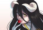  albedo berry black_hair eating horns lipstick long_hair looking_at_viewer makeup masiro overlord_(maruyama) slit_pupils solo upper_body yellow_eyes 